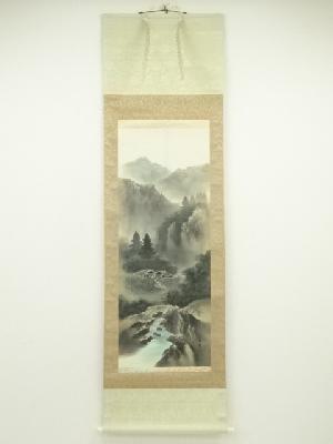 緑嶺筆　彩色山水　肉筆絹本掛軸